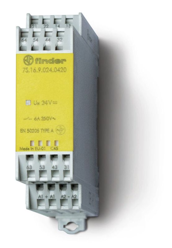 Finder Модульное электромеханическое реле безопасности (реле с принудительным управлением контактами); 4NO+2NC 6A; контакты AgNi+Au; катушка 230В AC;