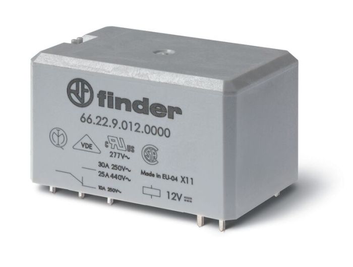 Finder Силовое электромеханическое реле; монтаж на печатную плату, раздвоенные выводы; 2NO 30A; контакты AgNi; катушка 120В AC; степень защиты RTII; У