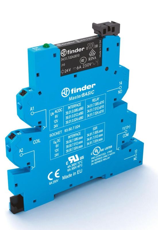 Finder Интерфейсный модуль (сборка 34.51.7.060.0000 + 93.60.8.230.7), электромеханическое реле, серия MasterBASIC; 1CO 6A; питание 230В AC; категория