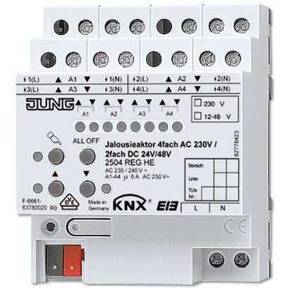 JUNG KNX Актор жалюзи 4-х канальный 220V AC 12-24V DC 6А возм ручн упр DIN-рейка