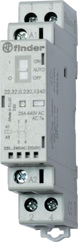 Finder Модульный контактор; 2NO 25А; контакты AgSnO2; катушка 230В АС/DC; ширина 17.5мм; степень защиты IP20; опции: мех.индикатор + LED; упаковка 1шт