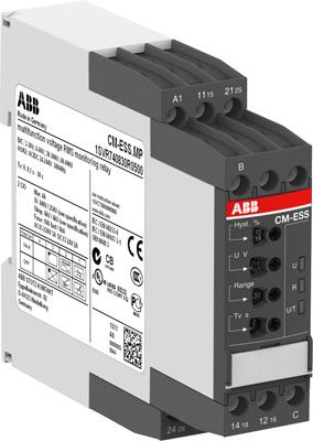 ABB Однофазное реле контроля напряжения CM-ESS.MP многофункц. (диапаз. изм. 3-30В, 6-60В, 30-300В, 60-600 AC/DC) питание 24-240В AC/DC, пруж.клеммы