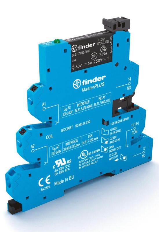Finder Интерфейсный модуль (сборка 34.51.7.060.0010 + 93.66.7.220), электромеханические реле, серия MasterPLUS; 1CO 6A; питание 220В DC; категория защ