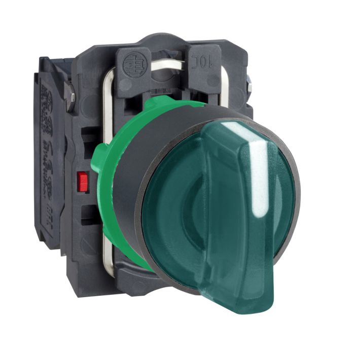 SE Переключатель с подсветкой, зеленый, пластик, 3 положения, 1НО+1НЗ, с фиксацией, 24В