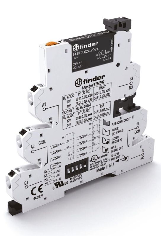 Finder Интерфейсный модуль (сборка 34.81.7.024.9024 + 93.69.0.024), твердотельное реле с таймером, серия MasterTimer (мультифункциональный: AI,DI,GI,S