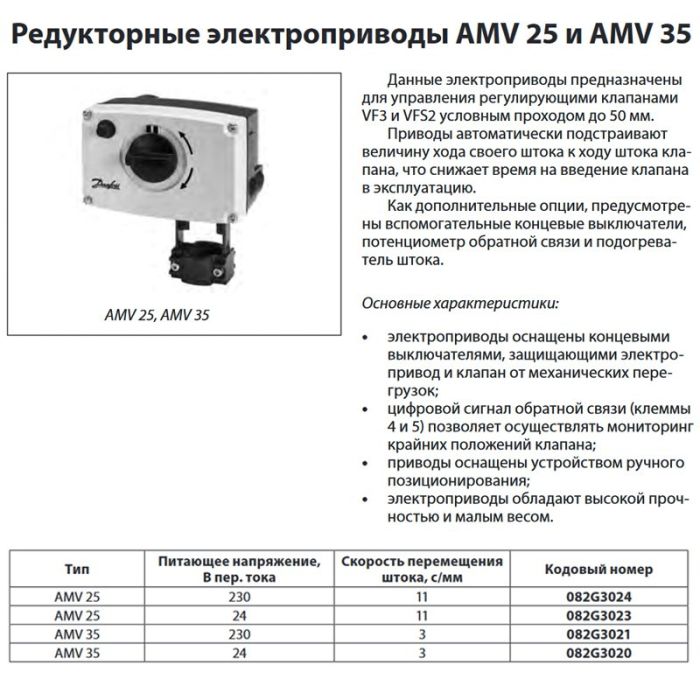 Электропривод AMV 35 для клапанов VF 3, VRB 2/3, VRG 2/3, VFS 5 (Ду 15-50), ход 15, 230В, Danfoss 082G3021