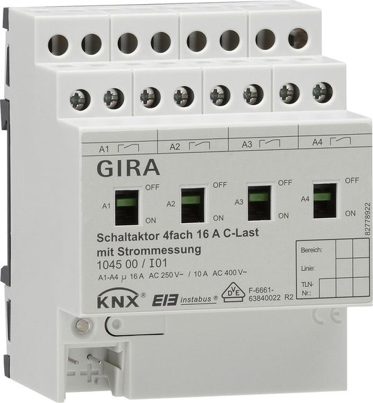 Gira KNX Актор 4-х канальный 16 А контроль силы тока возм ручн упр DIN-рейка