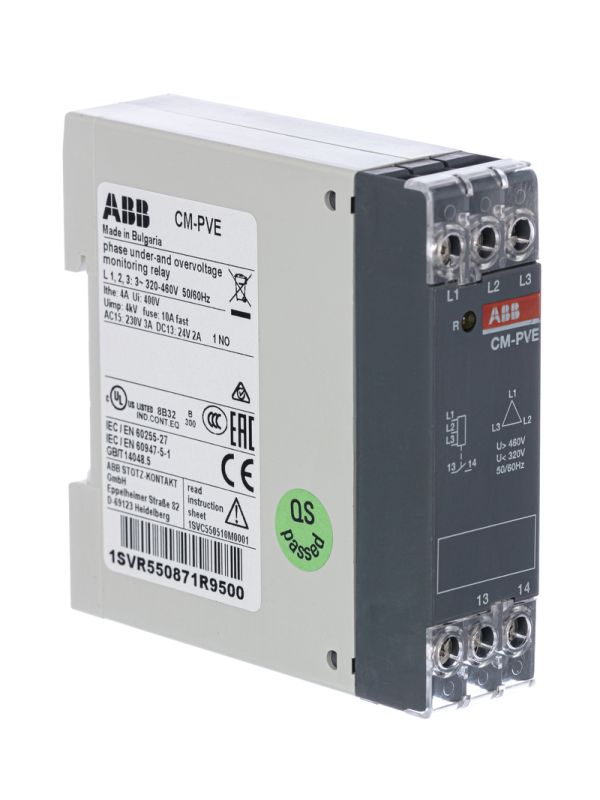 ABB CM-PVE Реле контроля напряжения, 3ф, Umin/max L1- L2-L3 320-460В AC, 1НО контакт