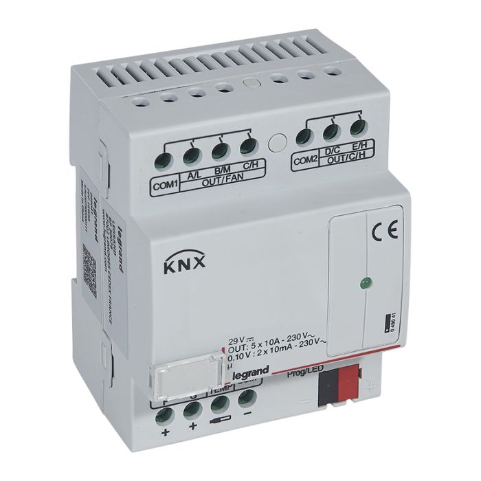 Legrand KNX Контроллер управления фанкоилами 0-10В (3 скорости вентилятора, 2 клапана 0-10В) . DIN 4 мод