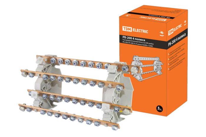 TDM Распределительный блок на DIN-рейку РБ-200 4П 200А (4 шины 10xM6+1хM8)