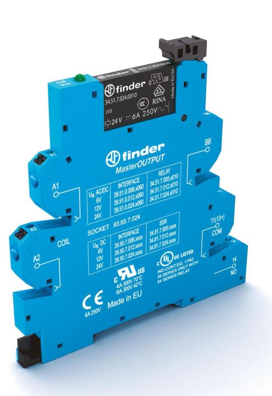 Finder Интерфейсный модуль (сборка 34.51.7.060.0010 + 93.65.8.230), электромеханическое реле, серия MasterOUTPUT; 1NO 6A; питание 230-240В AC; категор