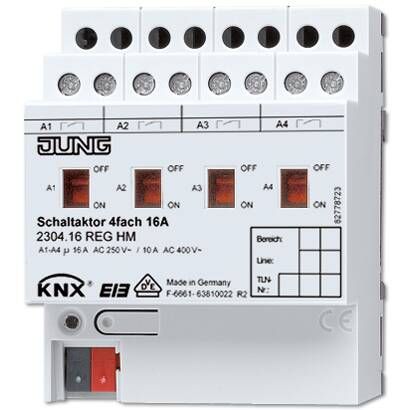 JUNG KNX Актор 4-х канальный 220V AC 16 A возм ручн упр DIN-рейка