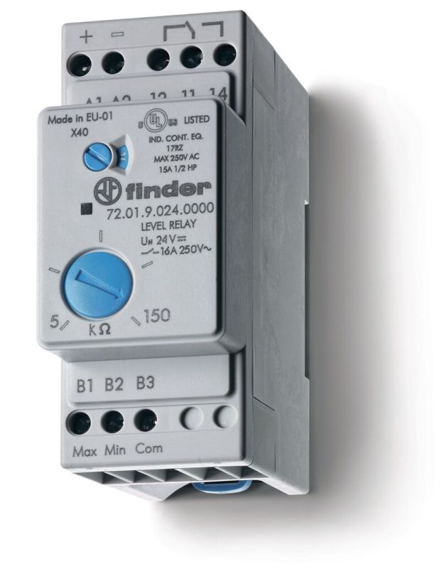 Finder Реле контроля уровня; настраиваемый диапазон чувствительности 5…450кОм; питание 24В AC; выход 1CO 16А; модульное, ширина 35мм; степень защиты I