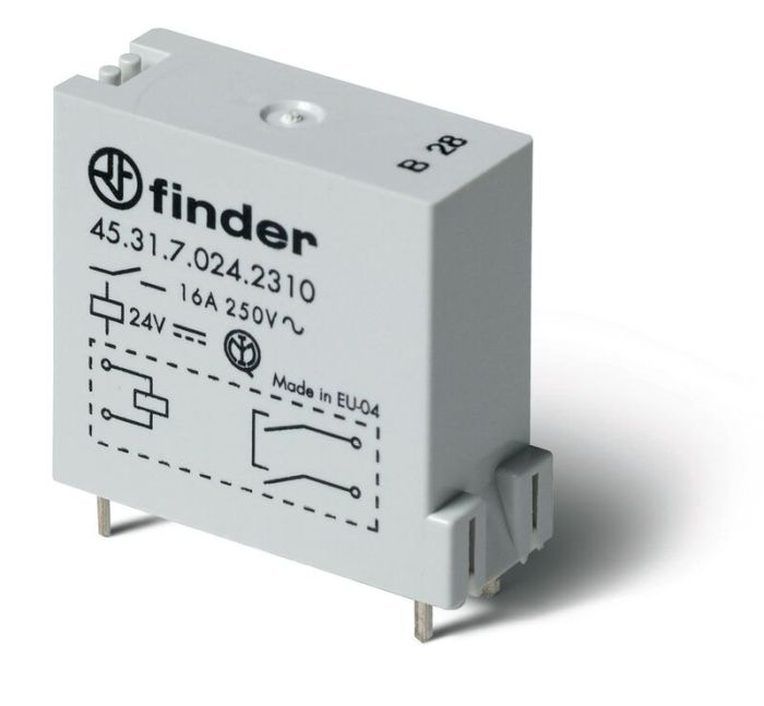 Finder Низкопрофильное миниатюрное электромеханическое реле; монтаж на печатную плату; выводы с шагом 3.5мм; 1NO 16A; контакты AgNi; катушка 24В DС (ч