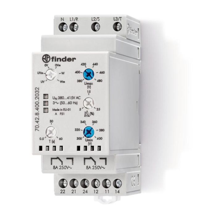 Finder Контрольное реле для 3-фазных сетей; пониженное/повышенное напряжение, обрыв/чередование/асимметрия фаз, контроль нейтрали, настраиваемые диапа