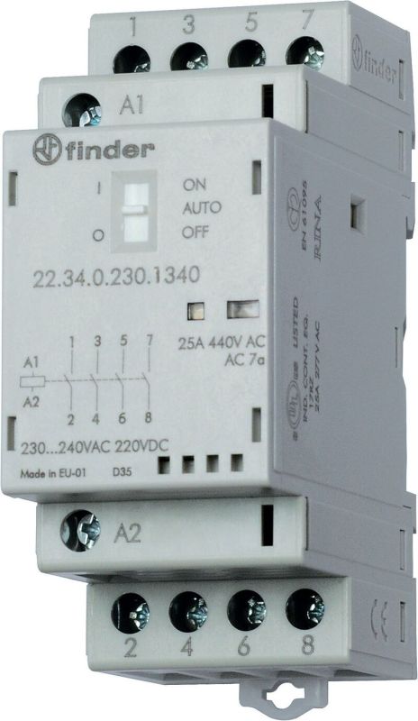 Finder Модульный контактор; 3NO+1NC 25А; контакты AgSnO2; катушка 230В АС/DC; ширина 35мм; степень защиты IP20; опции: переключатель Авто-Вкл-Выкл + м